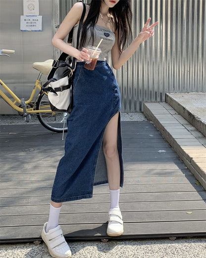 Skirt Rise Pencil Midi Denim Asymmetrical High Washed