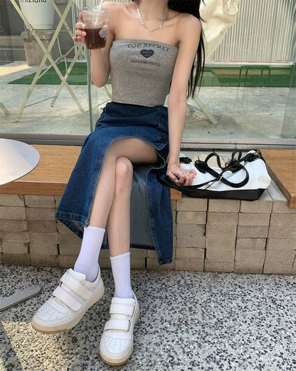 Skirt Rise Pencil Midi Denim Asymmetrical High Washed