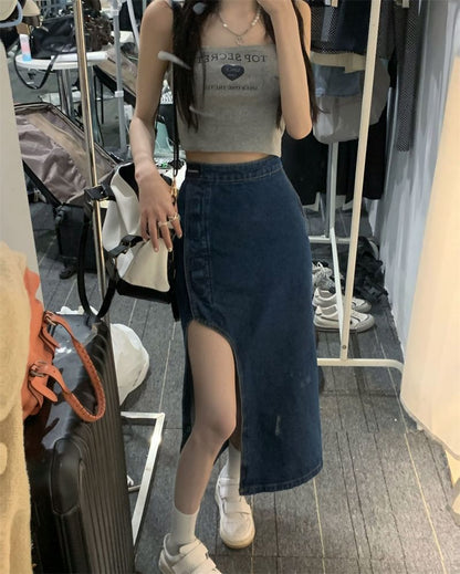 Skirt Rise Pencil Midi Denim Asymmetrical High Washed