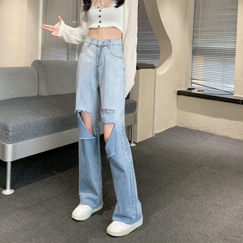 Jeans Leg High Wide Waist Gradient Washed Distressed