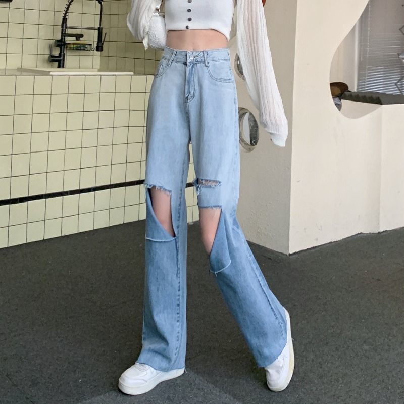 Jeans Leg High Wide Waist Gradient Washed Distressed