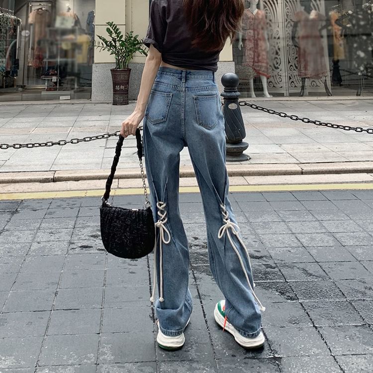 Washed High Flared Jeans Rise Up Lace
