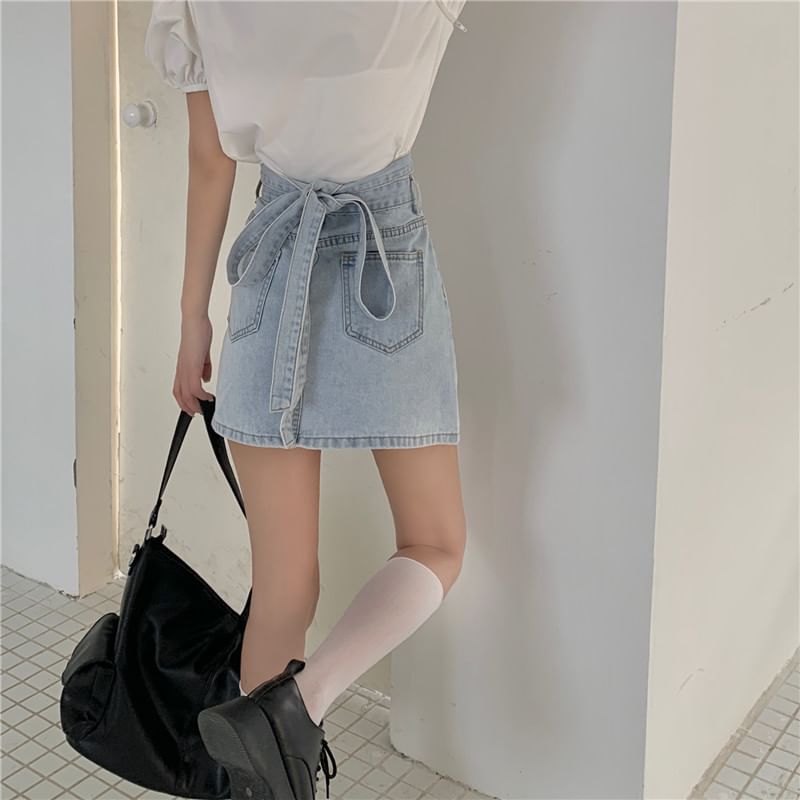 Skirt Washed Tie Rise Back High A-Line Mini Denim
