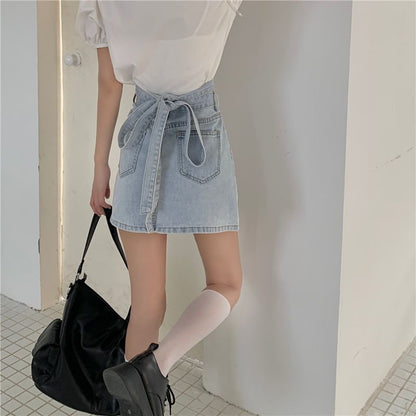 Skirt Washed Tie Rise Back High A-Line Mini Denim