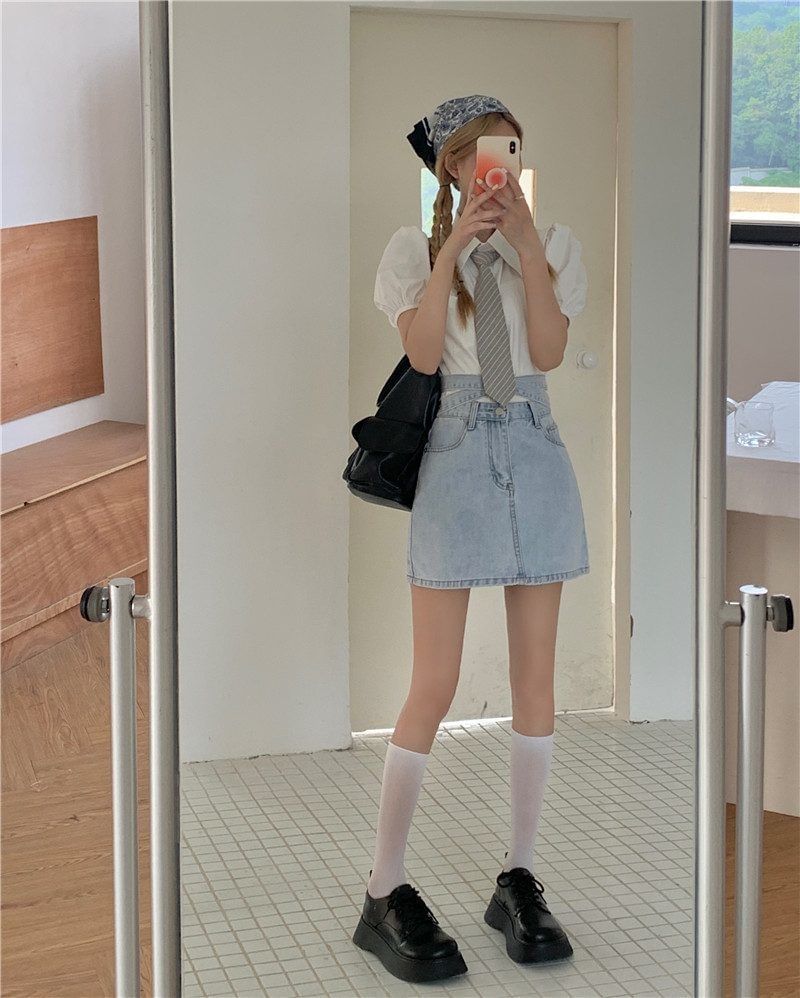 Skirt Washed Tie Rise Back High A-Line Mini Denim
