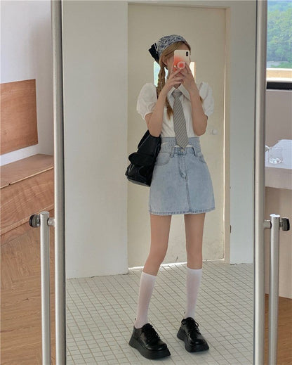 Skirt Washed Tie Rise Back High A-Line Mini Denim