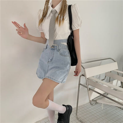 Skirt Washed Tie Rise Back High A-Line Mini Denim