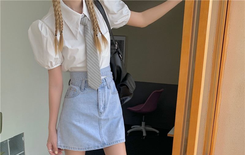 Skirt Washed Tie Rise Back High A-Line Mini Denim