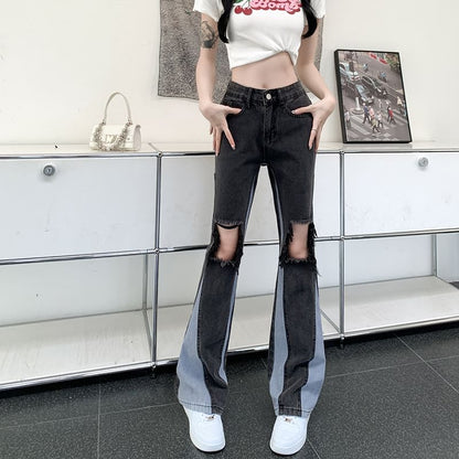 Jeans High Panel Distressed Flared Waist Washed