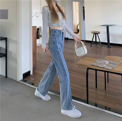 Wide High Leg Fray Jeans Rise Panel Washed