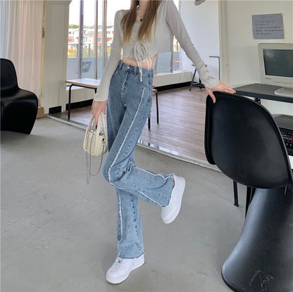 Wide High Leg Fray Jeans Rise Panel Washed