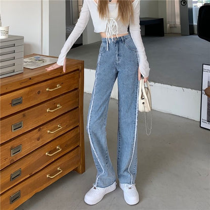 Wide High Leg Fray Jeans Rise Panel Washed