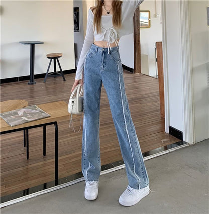 Wide High Leg Fray Jeans Rise Panel Washed