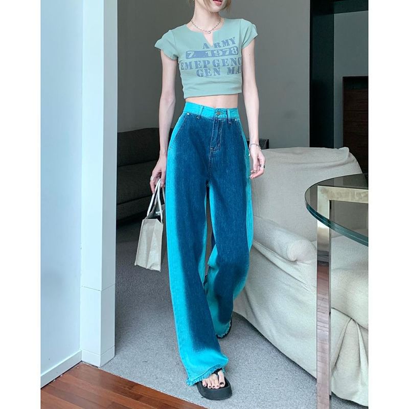 Fray Washed Wide High Rise Leg Jeans