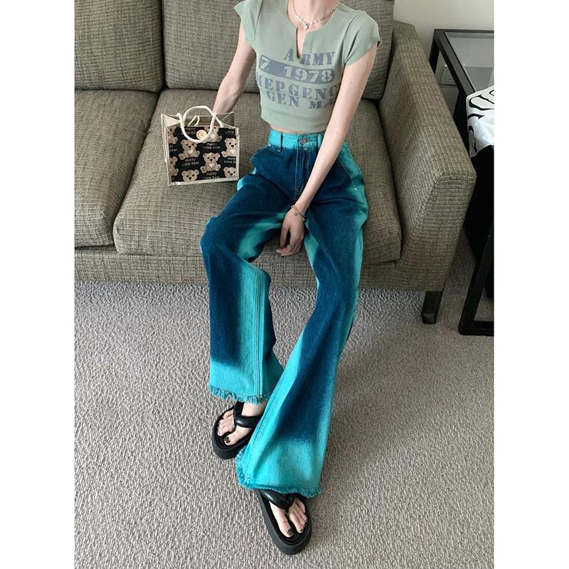 Fray Washed Wide High Rise Leg Jeans