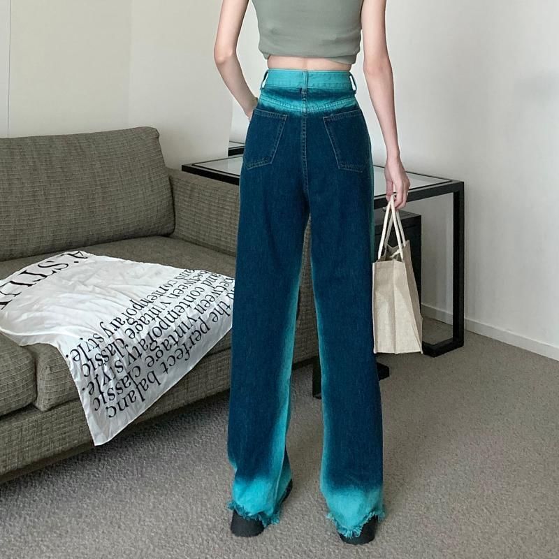 Fray Washed Wide High Rise Leg Jeans