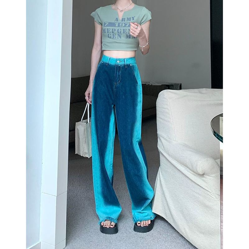 Fray Washed Wide High Rise Leg Jeans