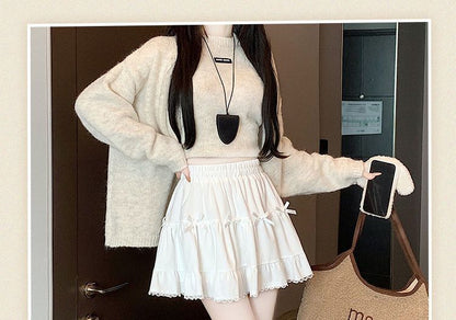 Elastic Waist Plain Bow Ruffle Mini A-Line Skirt