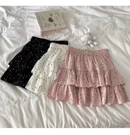 Elastic Waist Mini Ruffle Skirt Dotted A-Line