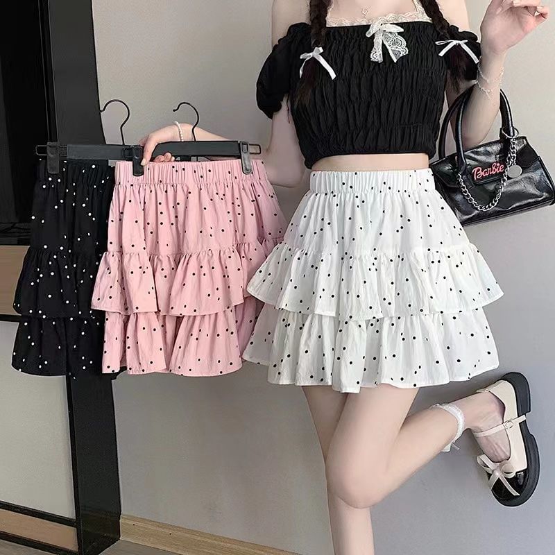 Elastic Waist Mini Ruffle Skirt Dotted A-Line