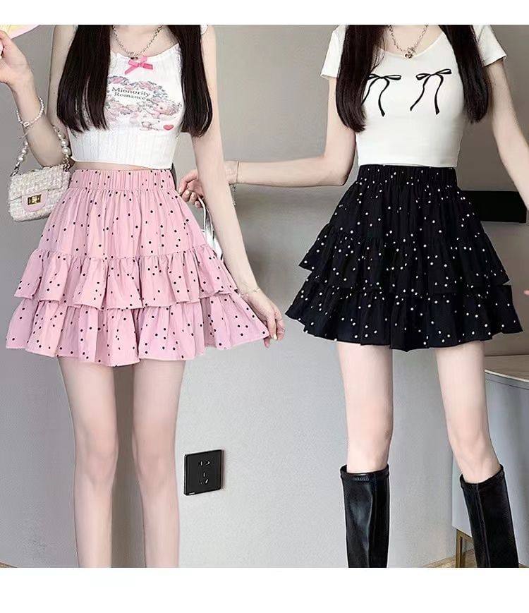 Elastic Waist Mini Ruffle Skirt Dotted A-Line