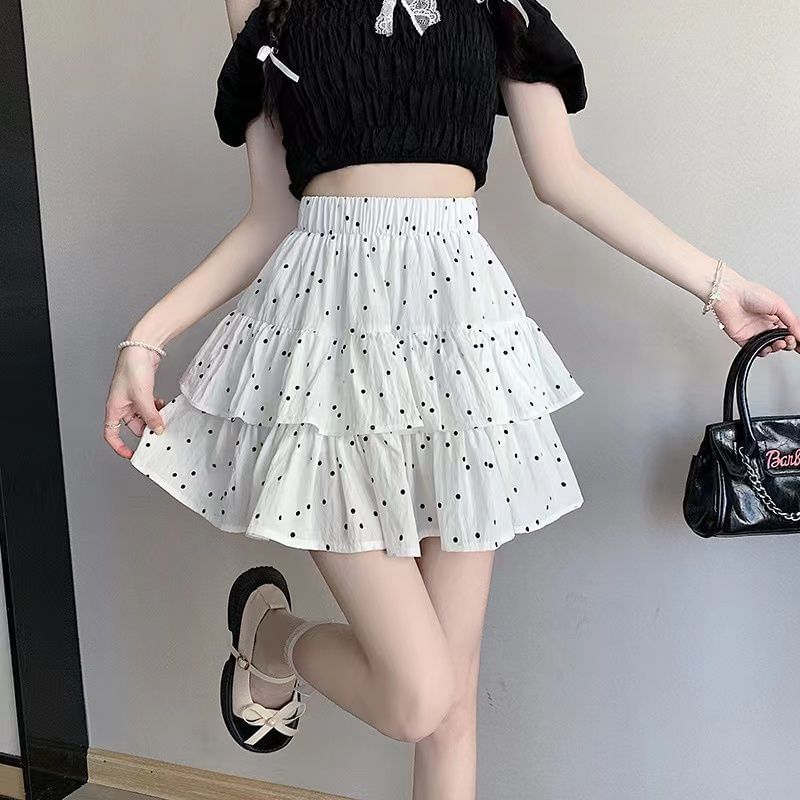 Elastic Waist Mini Ruffle Skirt Dotted A-Line