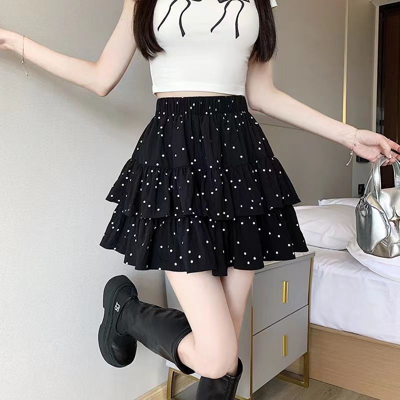 Elastic Waist Mini Ruffle Skirt Dotted A-Line