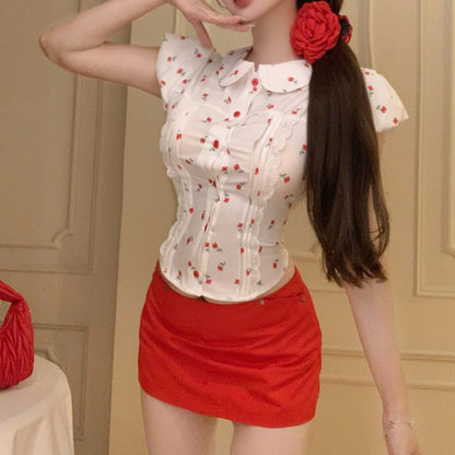 Wholesale Sample Puff-Sleeve Floral Shirt / Mid Rise Plain Mini Pencil Skirt