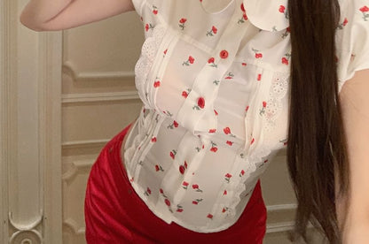 Wholesale Sample Puff-Sleeve Floral Shirt / Mid Rise Plain Mini Pencil Skirt