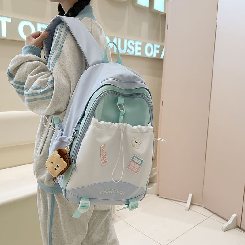 Sample Color Block Letter Embroidered Drawstring Backpack