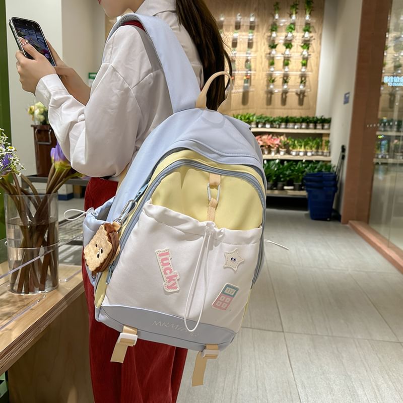 Sample Color Block Letter Embroidered Drawstring Backpack