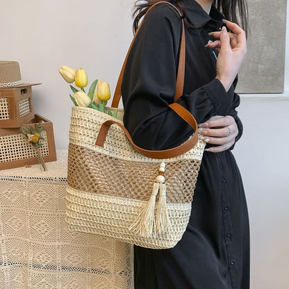 Sample Two-Tone Woven Tassel Tote Bag