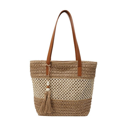Sample Two-Tone Woven Tassel Tote Bag