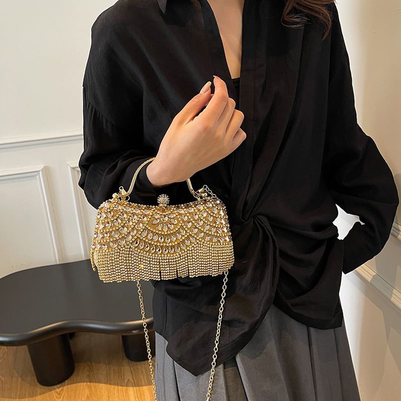 Sample Rhinestone Tasseled Chain Crossbody Bag