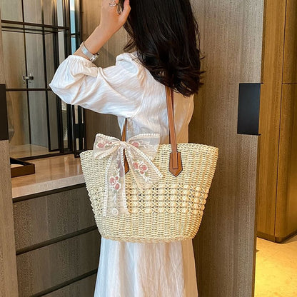 Sample Floral Embroidered Lace Bow Woven Tote Bag
