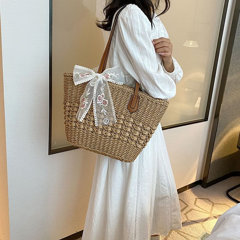 Sample Floral Embroidered Lace Bow Woven Tote Bag