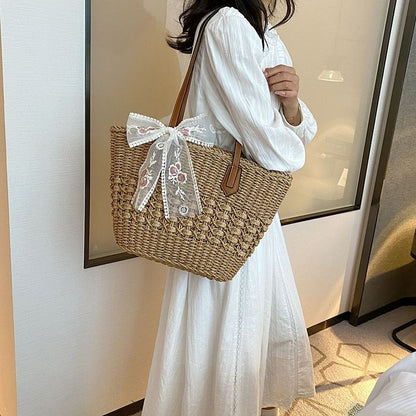 Sample Floral Embroidered Lace Bow Woven Tote Bag
