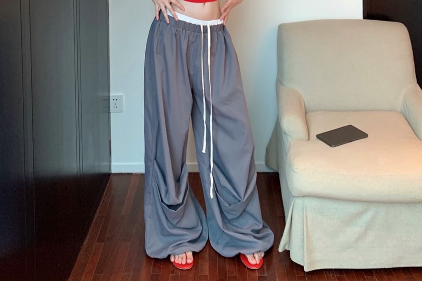 Lettering Print Crop Camisole Top / Drawstring Waist Contrast Trim Wide Leg Pants
