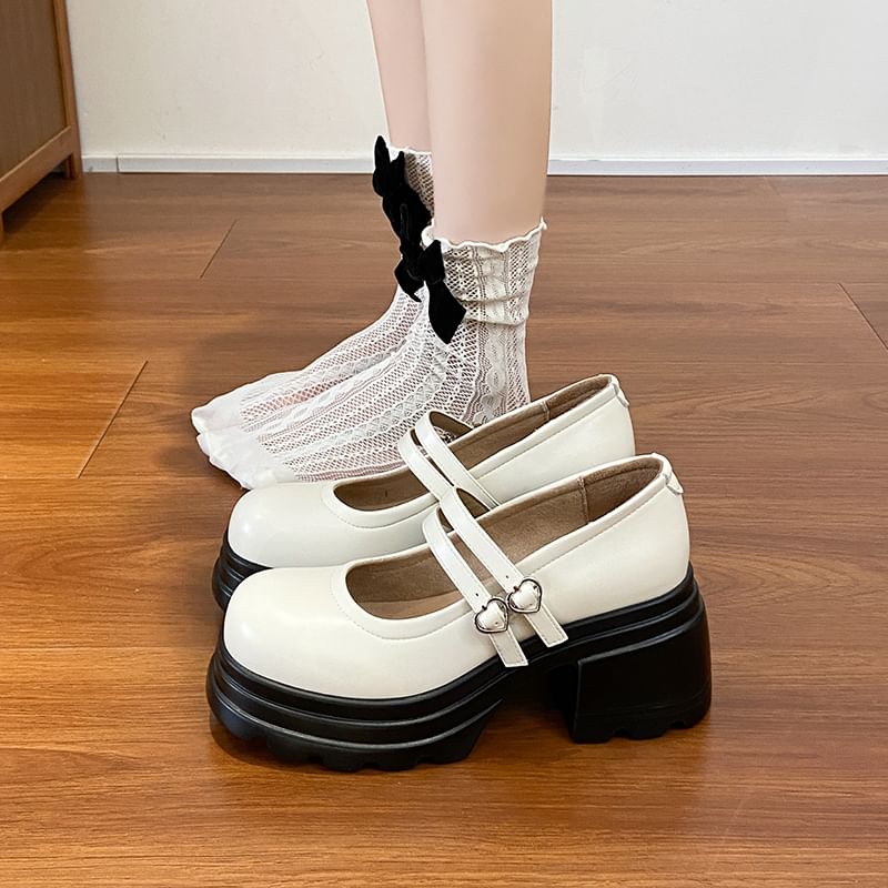 Jane Double Mary Heart Genuine Buckled Leather Platform Strap