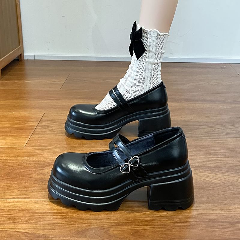 Jane Double Mary Heart Genuine Buckled Leather Platform Strap