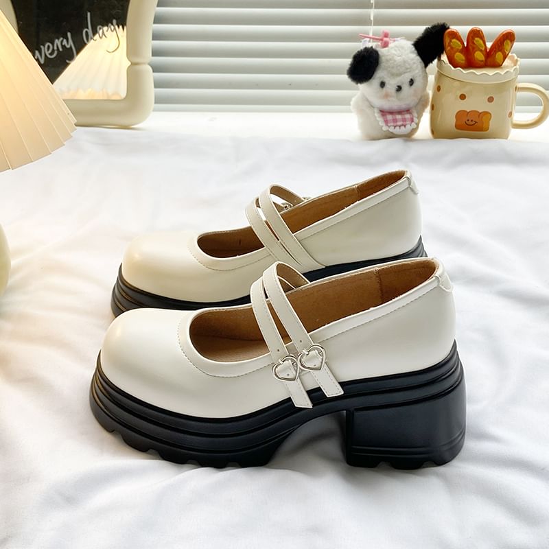 Jane Double Mary Heart Genuine Buckled Leather Platform Strap