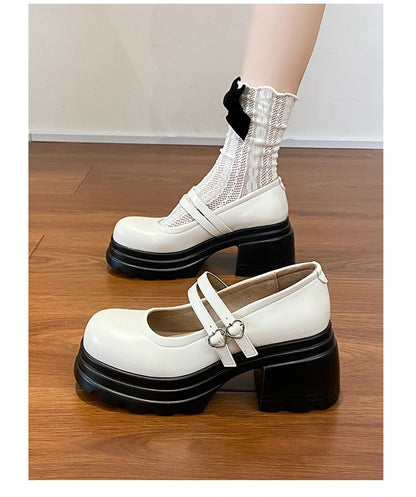 Jane Double Mary Heart Genuine Buckled Leather Platform Strap