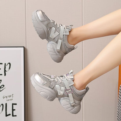 Lace-Up Panel Platform Rhinestone Faux Mesh Leather Sneakers