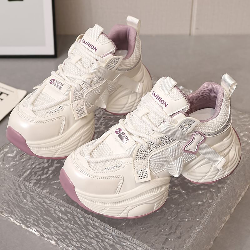 Lace-Up Panel Platform Rhinestone Faux Mesh Leather Sneakers