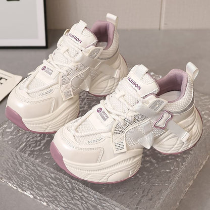 Lace-Up Panel Platform Rhinestone Faux Mesh Leather Sneakers