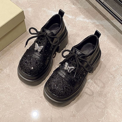 Faux Leather Panel Lace-Up Platform Tweed Shoes Brogue