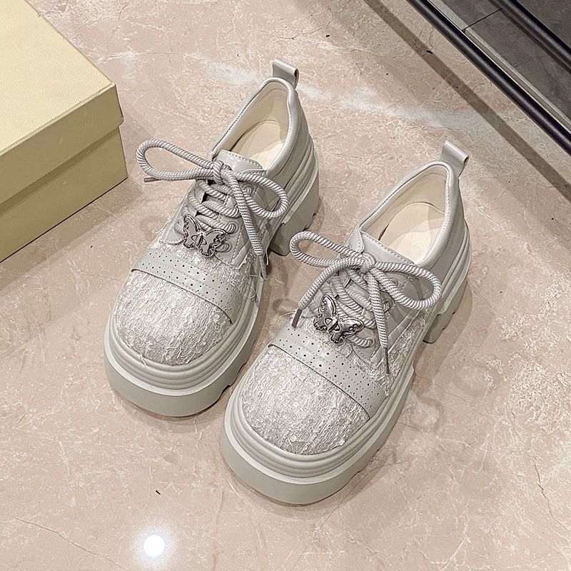Faux Leather Panel Lace-Up Platform Tweed Shoes Brogue