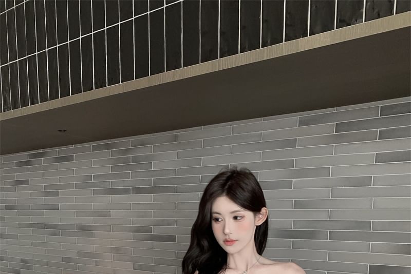 Long-Sleeve Off Shoulder Plain Lace Panel Top