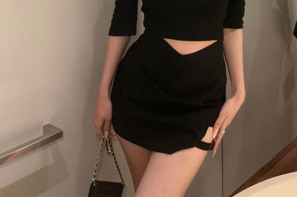 Short-Sleeve Halter Neck Off Shoulder Plain Slim Fit Crop Top