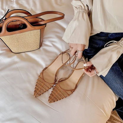 Pointy Round Heel Woven Sandals